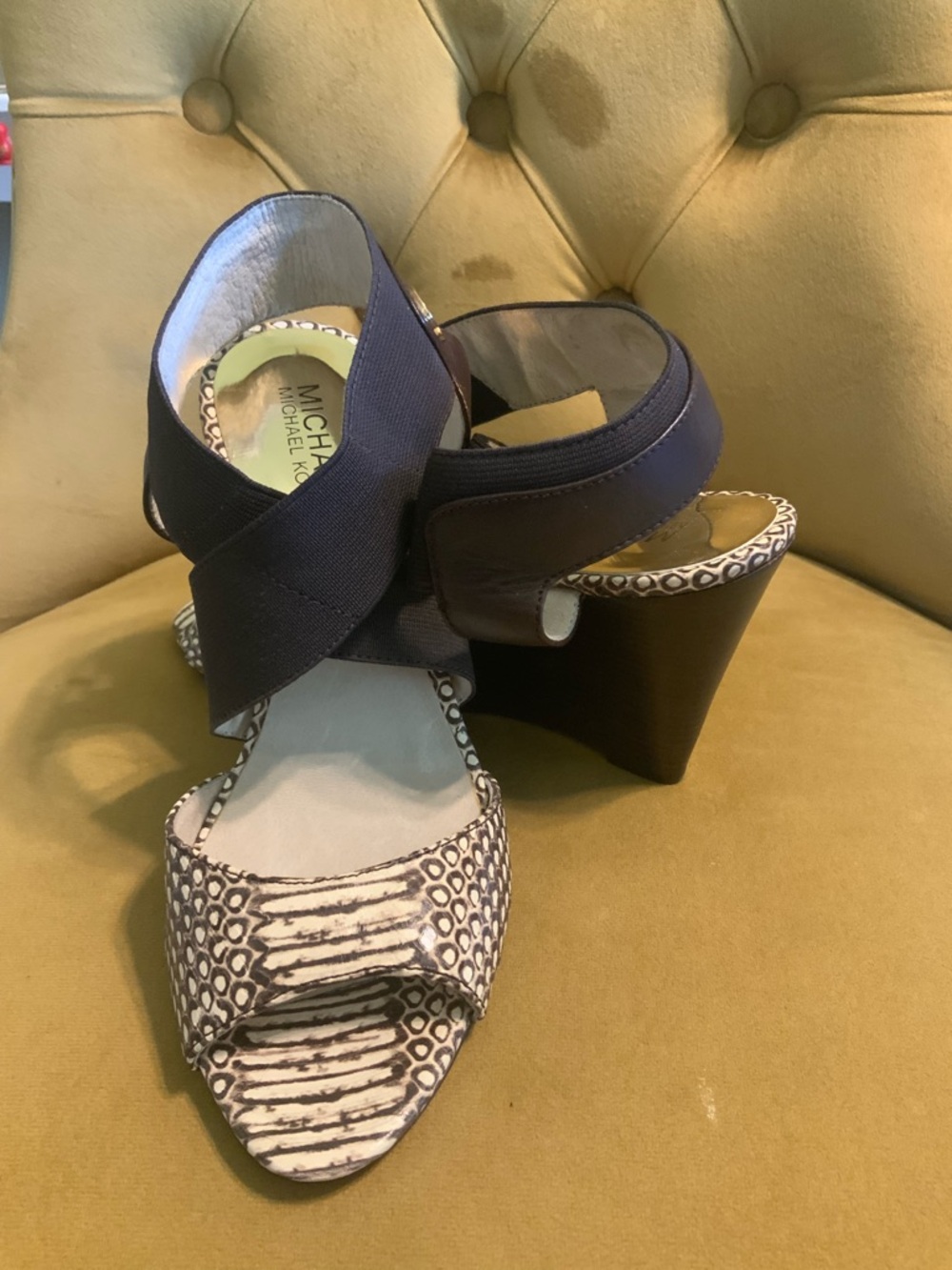 Michael Kors Navy and White Patterned Wedge Sandals NEW bought at Saks 5th Ave